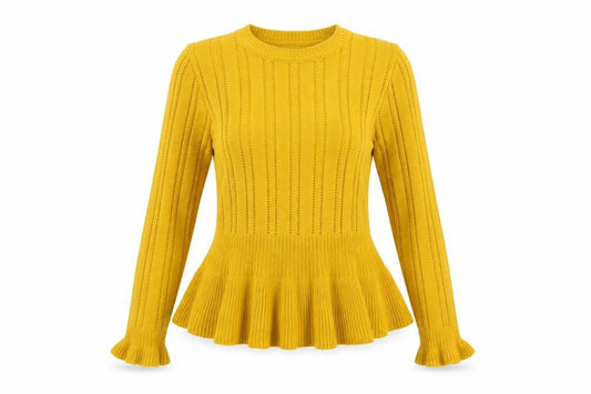 Front view of Miss Selfridge women’s yellow round neck acrylic jumper, size UK 10