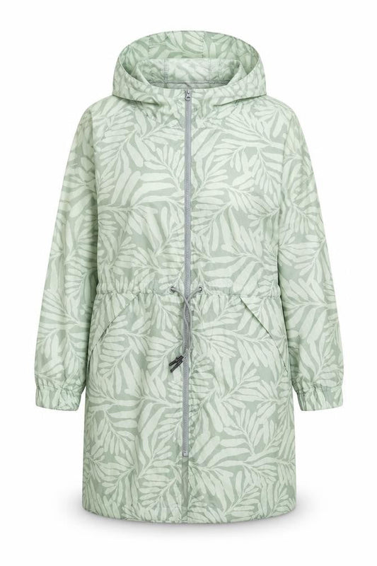 Front view of Dunnes women’s green geometric rain coat coat, size XL, zip