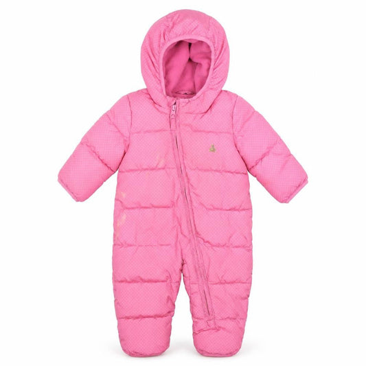 Front view of Gap girls’ pink polka dot puffer jacket snowsuit, size 3-6, months zip
