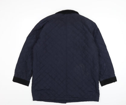 Back view of BDG men’s blue quilted coat, size M, button