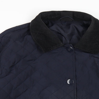 Close-up detail of BDG men’s blue quilted coat, size M, button
