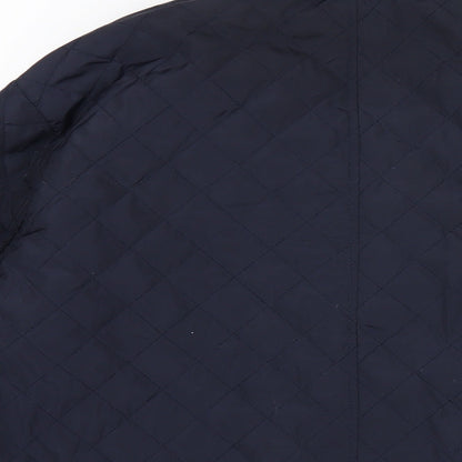 Brand and care label for BDG men’s blue quilted coat, size M, button