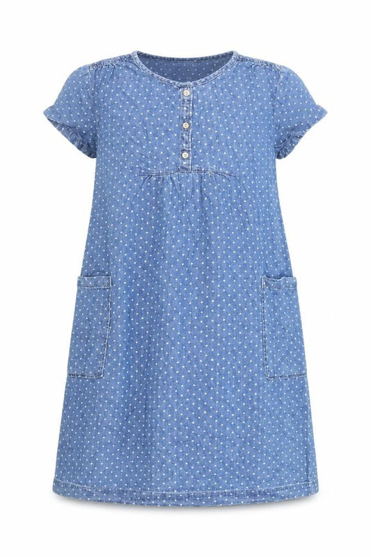 Gap Girls Blue Polka Dot Cotton A-Line Size 13 Years Round Neck Button - Pockets
