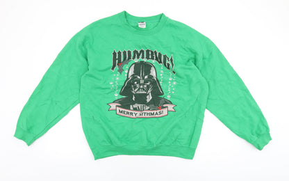 Front view of Star Wars men’s green cotton pullover sweatshirt, size L, - darth vader, christmas jumper