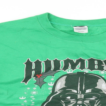Close-up detail of Star Wars men’s green cotton pullover sweatshirt, size L, - darth vader, christmas jumper