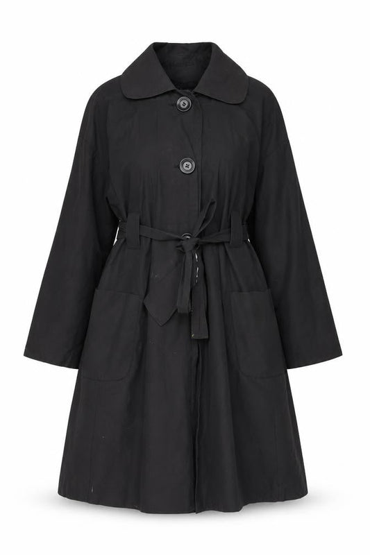Front view of Betty Jackson women’s black trench coat coat, size UK 12, button