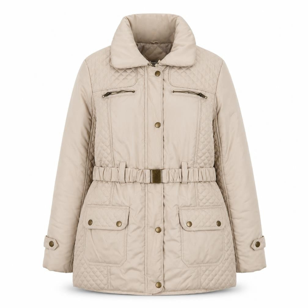 JBC Collection Womens Beige Quilted Jacket Size 16 Zip - Belted