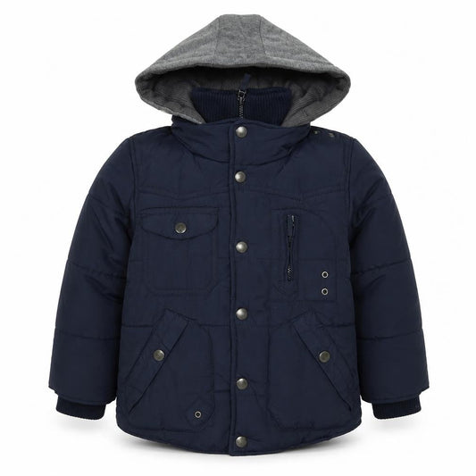 Front view of Next boys’ blue quilted coat, size 5, years zip