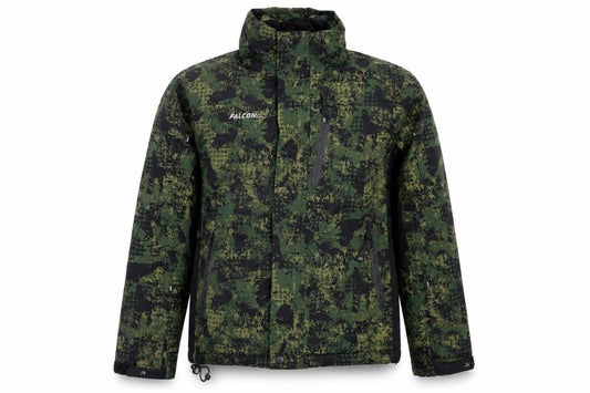 Front view of Falcon boys’ green geometric jacket, size 12, years zip - logo zipped pockets