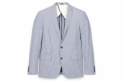 Front view of French Connection men’s blue linen jacket blazer, size 40, regular