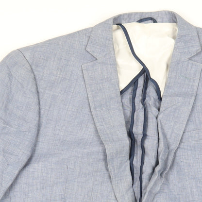 Close-up detail of French Connection men’s blue linen jacket blazer, size 40, regular