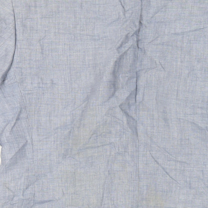 Brand and care label for French Connection men’s blue linen jacket blazer, size 40, regular