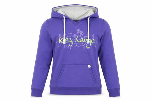 Front view of EMI women’s purple cotton pullover hoodie, size L, pullover - logo pockets key largo