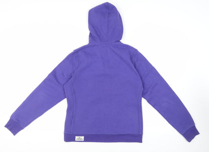 Back view of EMI women’s purple cotton pullover hoodie, size L, pullover - logo pockets key largo