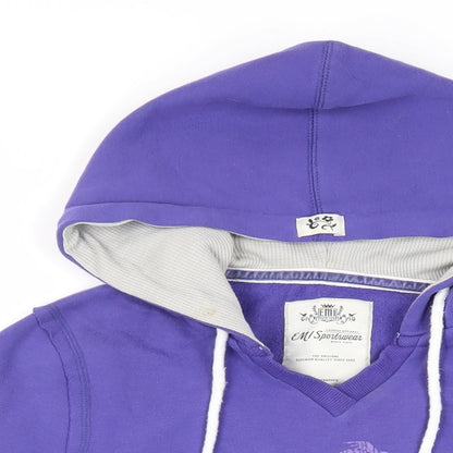 Close-up detail of EMI women’s purple cotton pullover hoodie, size L, pullover - logo pockets key largo