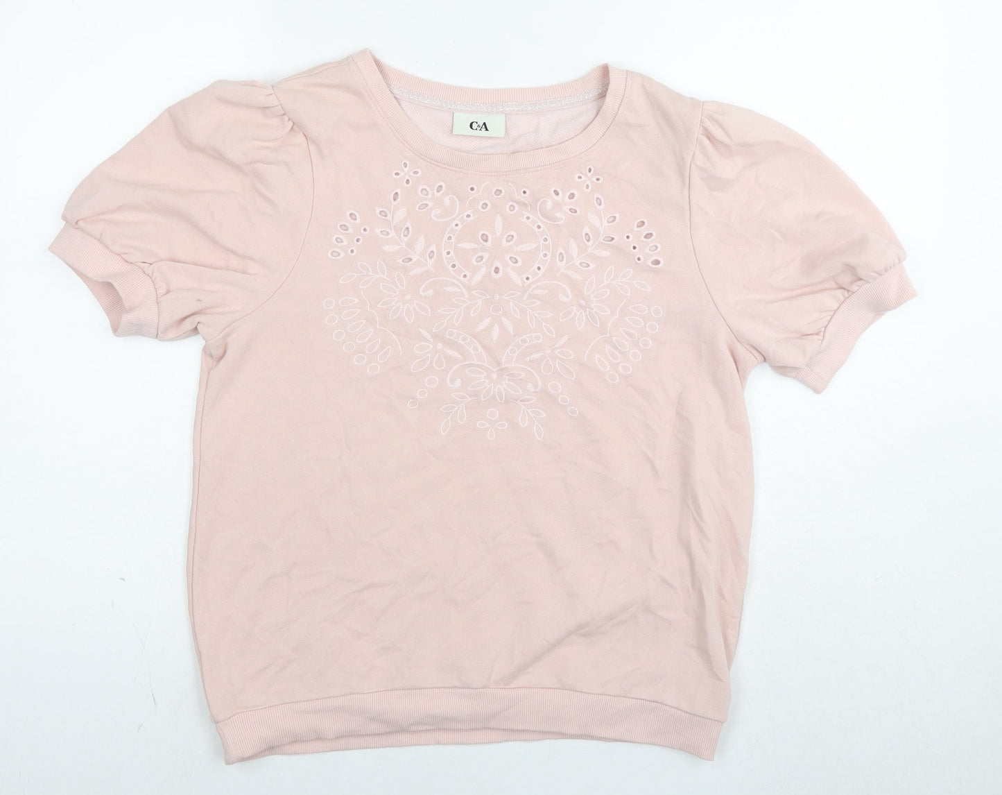 C&A Womens Pink Cotton Basic T-Shirt Size L Round Neck - Embraided Flowers