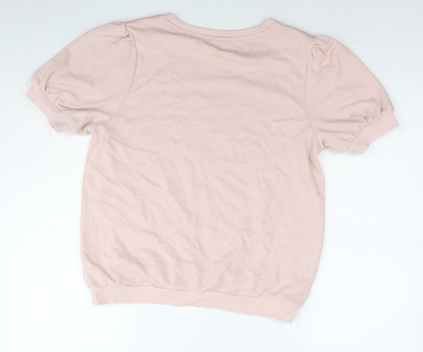 C&A Womens Pink Cotton Basic T-Shirt Size L Round Neck - Embraided Flowers