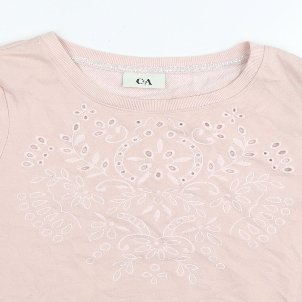 C&A Womens Pink Cotton Basic T-Shirt Size L Round Neck - Embraided Flowers