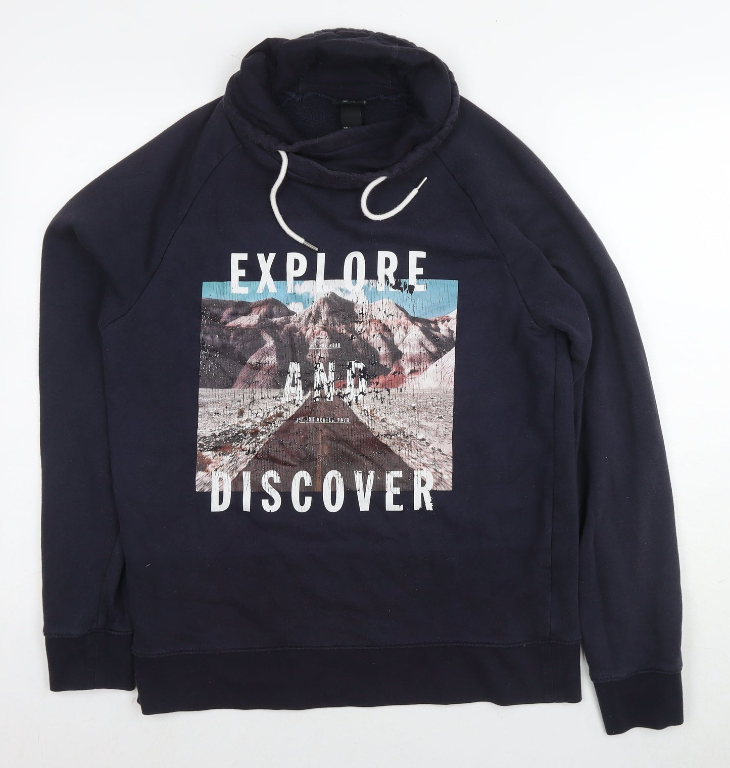 H&M Mens Blue Cotton Pullover Hoodie Size L - Explore Discover