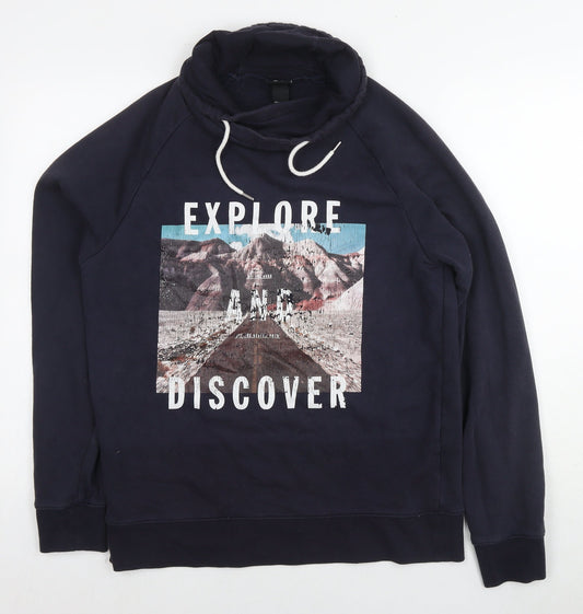 H&M Mens Blue Cotton Pullover Hoodie Size L - Explore Discover