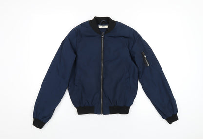 Additional front view of Miss Selfridge women’s blue bomber jacket coat, size UK 4, zip