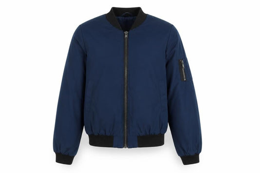 Front view of Miss Selfridge women’s blue bomber jacket coat, size UK 4, zip