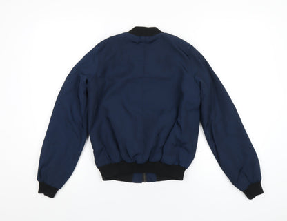 Back view of Miss Selfridge women’s blue bomber jacket coat, size UK 4, zip