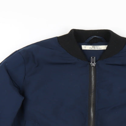 Close-up detail of Miss Selfridge women’s blue bomber jacket coat, size UK 4, zip