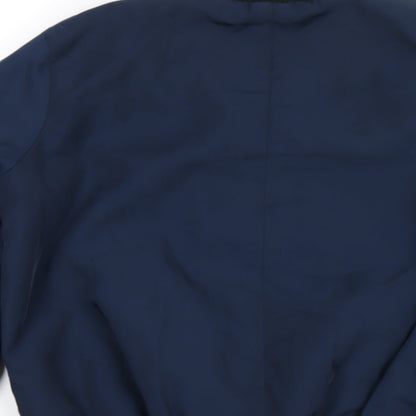 Brand and care label for Miss Selfridge women’s blue bomber jacket coat, size UK 4, zip