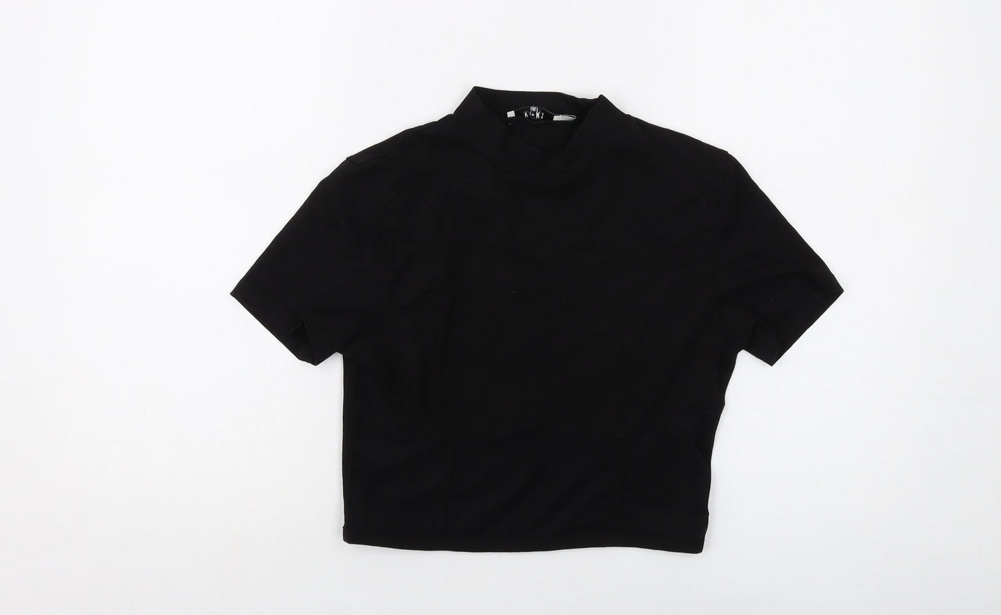NA-KD Womens Black Polyester Cropped T-Shirt Size S Mock Neck