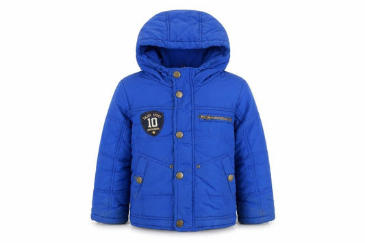 Front view of United Colors of Benetton boys’ blue puffer jacket coat, size 4-5, years zip