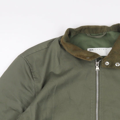 Close-up detail of ASOS men’s green jacket, size L, zip