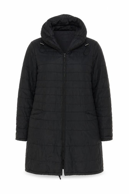 Front view of Principles women’s black quilted coat, size UK 14, zip