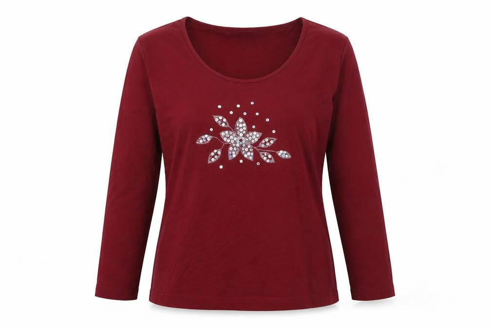 Bonmarché Womens Red Cotton Basic T-Shirt Size M Scoop Neck - Sequins