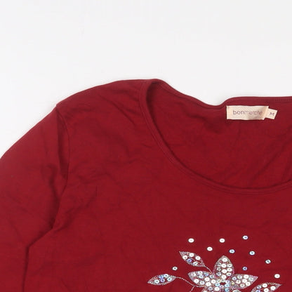 Bonmarché Womens Red Cotton Basic T-Shirt Size M Scoop Neck - Sequins