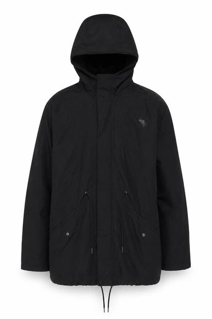 Front view of ASOS men’s black jacket coat, size M, zip