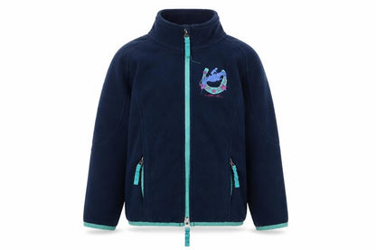 Front view of Harry Hall girls’ blue jacket, size 7-8, years zip - logo, embroidered