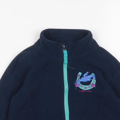 Close-up detail of Harry Hall girls’ blue jacket, size 7-8, years zip - logo, embroidered
