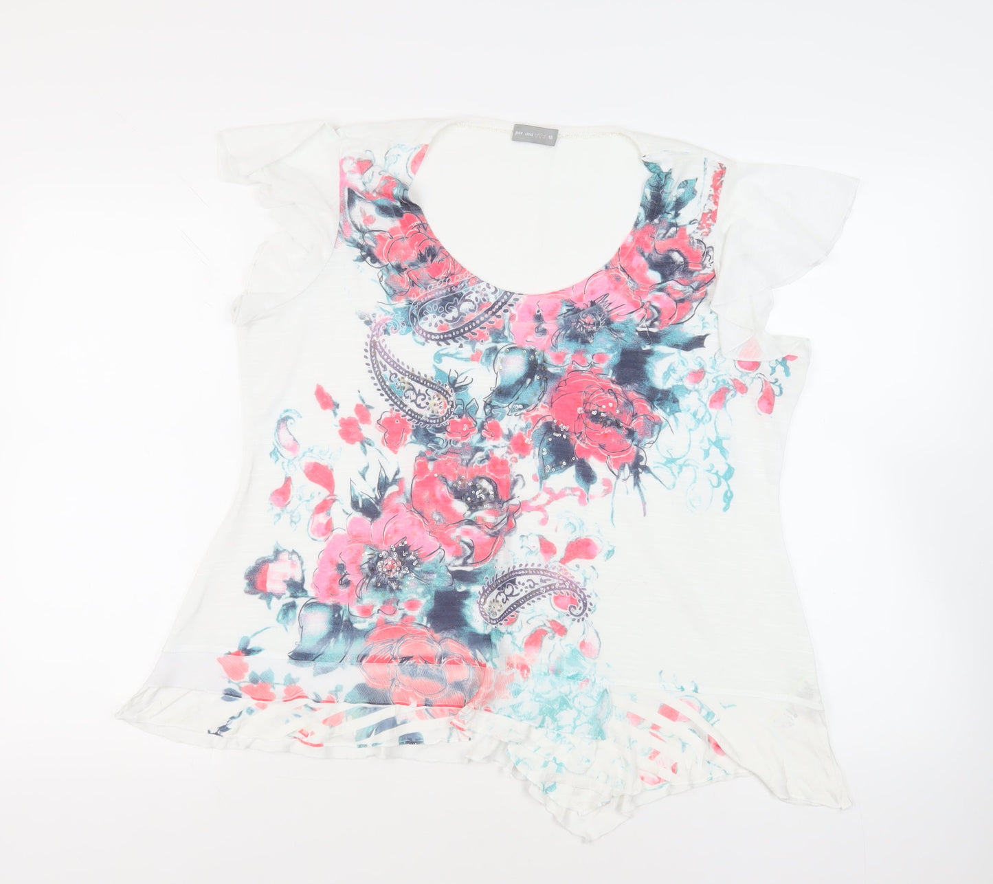 Per Una Womens White Floral Viscose Basic T-Shirt Size 18 Scoop Neck - Ruffle