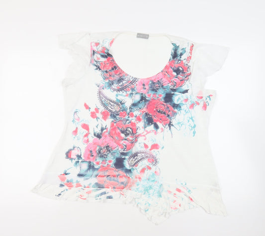 Per Una Womens White Floral Viscose Basic T-Shirt Size 18 Scoop Neck - Ruffle