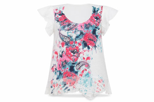 Per Una Womens White Floral Viscose Basic T-Shirt Size 18 Scoop Neck - Ruffle