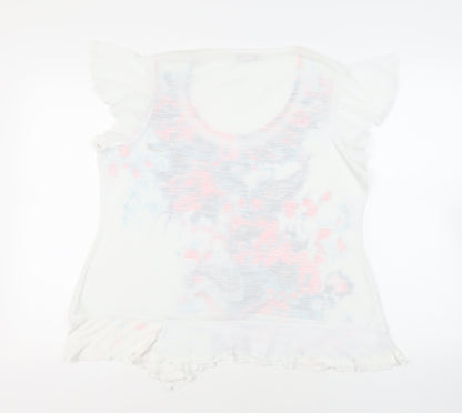Per Una Womens White Floral Viscose Basic T-Shirt Size 18 Scoop Neck - Ruffle