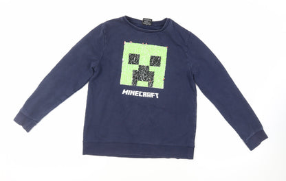 Preloved NEXT Girls Blue Cotton Pullover Sweatshirt Size 12 Years Pullover - Minecraft Sequin - Front