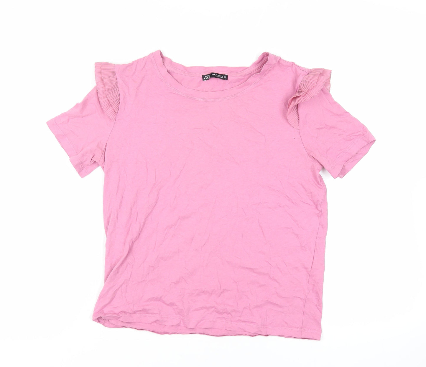 Zara Womens Pink Cotton Basic T-Shirt Size M Crew Neck - Ruffle Detail