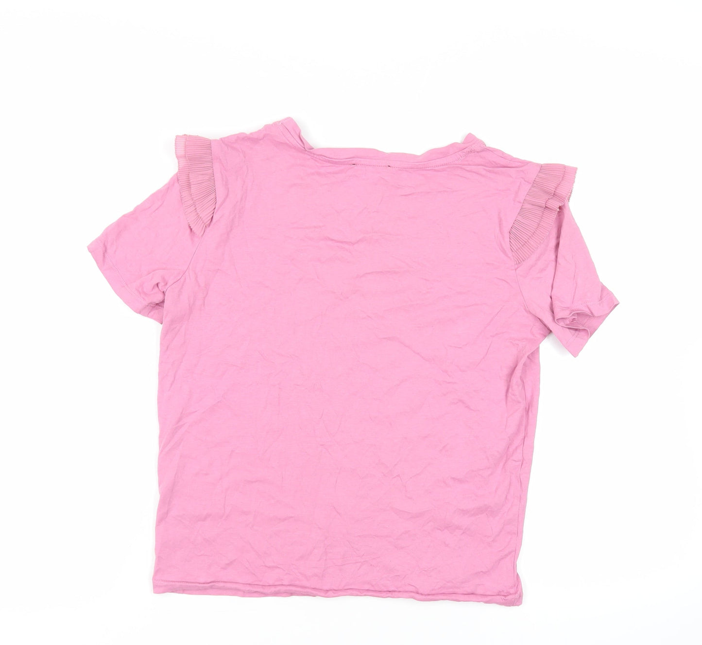 Zara Womens Pink Cotton Basic T-Shirt Size M Crew Neck - Ruffle Detail