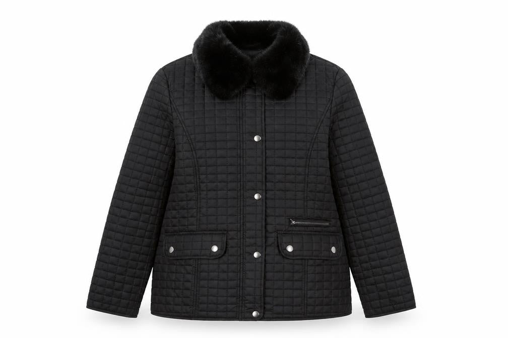 Precis Womens Black Quilted Coat Size 14 Zip - Fur Collar