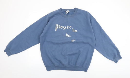 Gildan Womens Blue Cotton Pullover Sweatshirt Size L Pullover - Prosecco Ho Ho Ho, Christmas Jumper