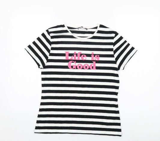 Marks and Spencer Womens White Striped Cotton Basic T-Shirt Size 14 Round Neck - Life is Good