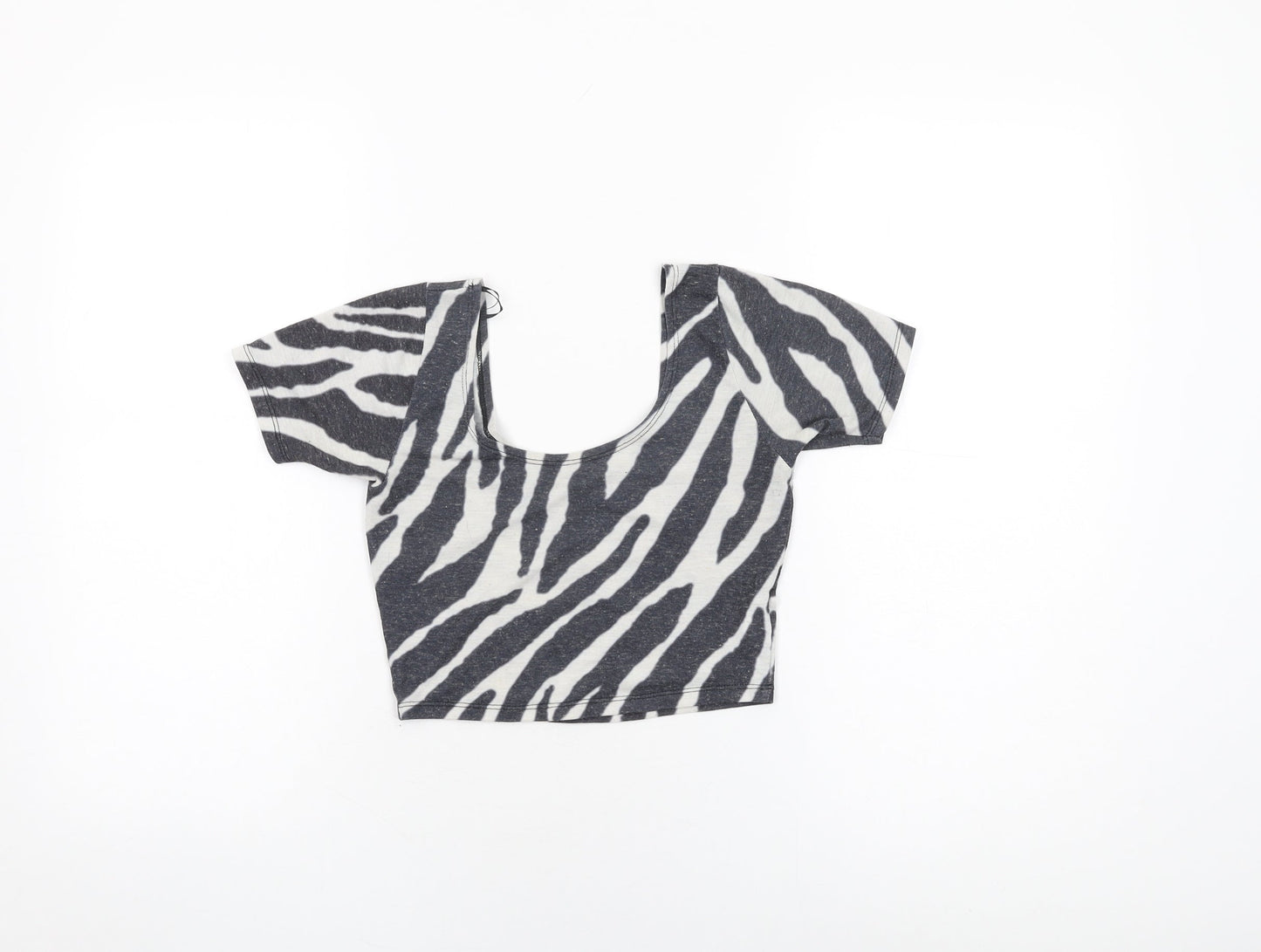 River Island Womens Black Animal Print Polyester Cropped T-Shirt Size 6 Round Neck