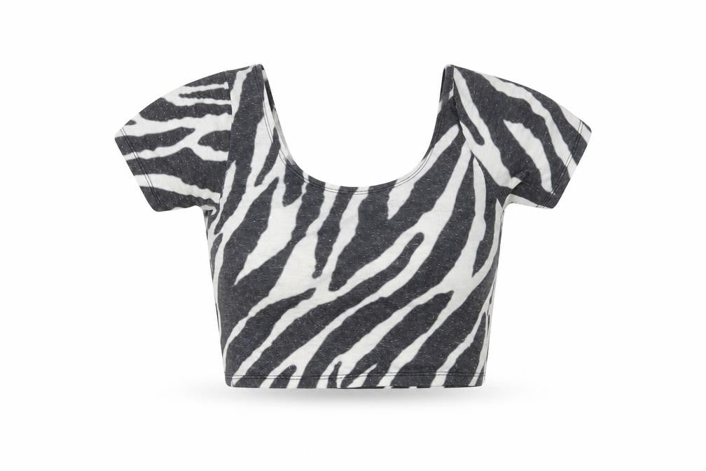 River Island Womens Black Animal Print Polyester Cropped T-Shirt Size 6 Round Neck